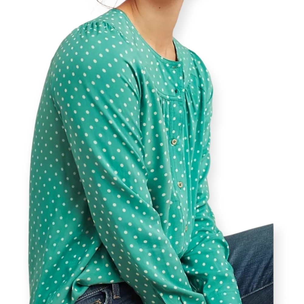 Maeve Anthropologie Asbury Green Polka Dot Rayon Blouse Small